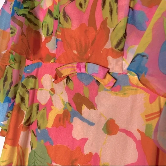 Vintage 60’s 70’s Orange Pink Blue Floral Capelet Chiffon Maxi Dress M Boho - Picture 6 of 16